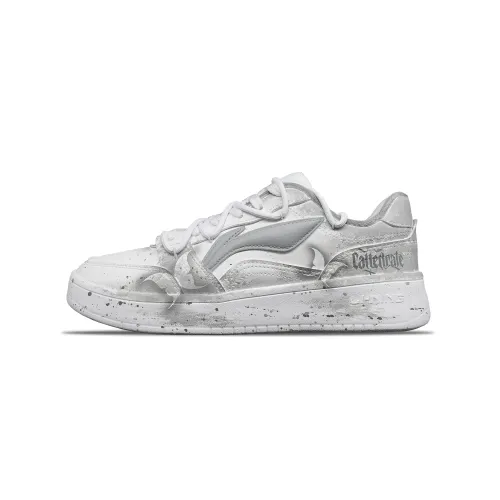 Li Ning Sycee Synthetic Leather Slip Resistant Cushioning Abrasion Resistant Low top Skateboard Shoes Men's Gray White