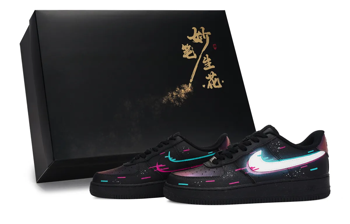 Nike Air Force 1 Wondrous Brushstrokes Bloom, Neon Malfunction Low top Skateboard Shoes Unisex Black Pink Blue