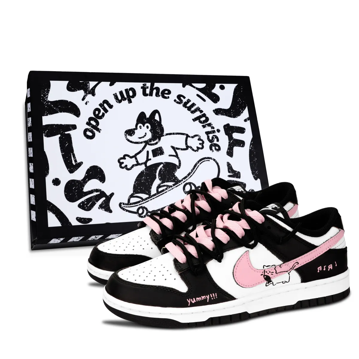Nike Dunk Black White, Pink Cat Dream Abrasion Resistant Abrasion Resistant Low top Skateboard Shoes Unisex Black Pink
