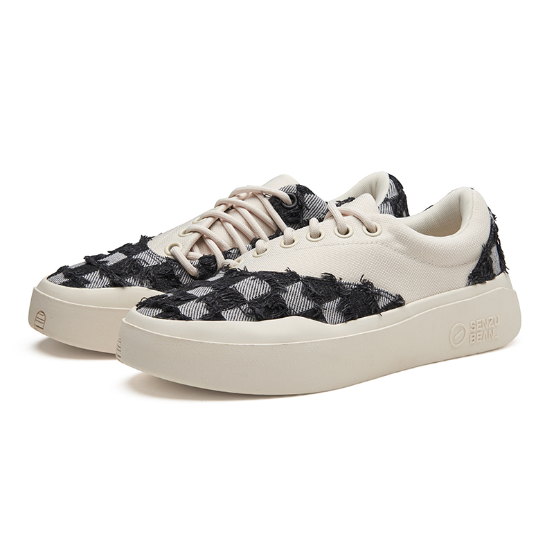 Senzubean Slant Era Cao Fang Black Plaid Fringe Casual Shoes Denim Slip Resistant Cushioning Abrasion Resistant Low top