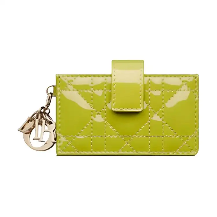 DIOR Lady Dior Wicker Pattern Patent Leather, Cow Leather Card Holder Women's Green Yellow