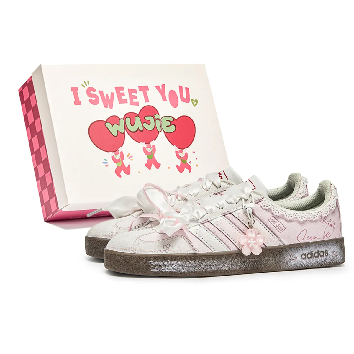 Adidas WuJie, Box, Peach Blossom Cat Cushioning Low top Skateboard Shoes Unisex Pink Brown