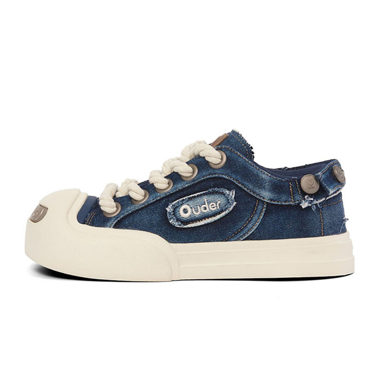 Ouder Washable Vintage Distressed Denim Low top Canvas Skateboard Shoes Unisex Blue