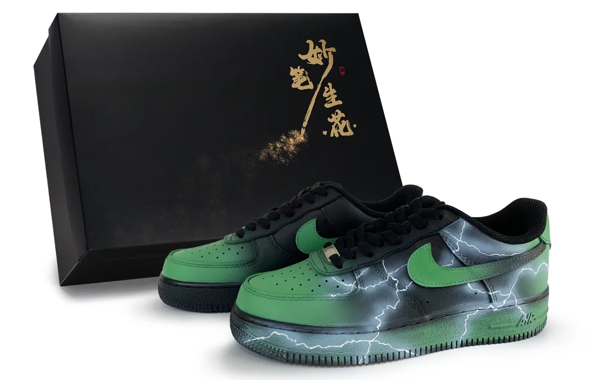 Nike Air Force 1 Wondrous Brush Blossoms, Thunder Realm Abrasion Resistant Low top Skateboard Shoes Unisex Black Green