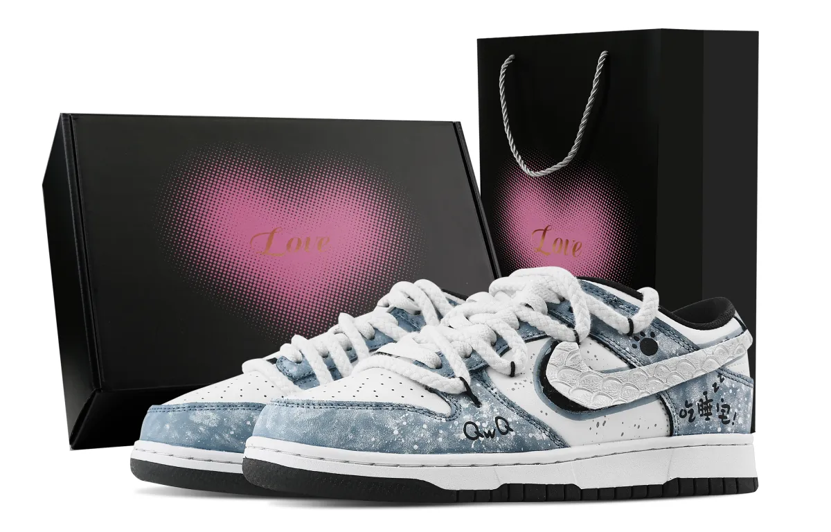 Nike Dunk Home Cat Journal, Heart Box Slip Resistant Abrasion Resistant Low top Skateboard Shoes Unisex Blue White