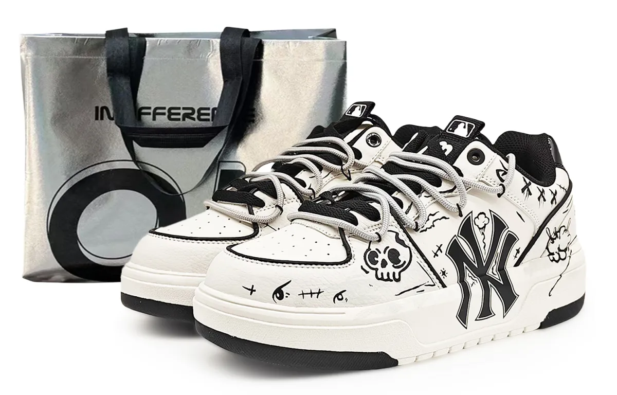 MLB Chunky Liner Abrasion Resistant Height Increasing Slip Resistant Low top Skateboard Shoes Unisex Black White