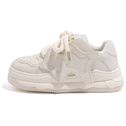 Global HUANQIU Mesh Synthetic Leather Korean Version Retro Hong Kong Style Campus Fashion Versatile Thick-soled White Shoes Thick-soled Bread Shoes Classic Wrapped Warmth Lightweight Increased Low-top Sneakers Women's Beige