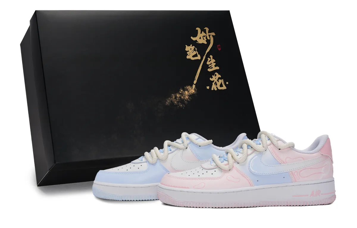 Nike Air Force 1 Magic Brush Blooms, Pink Blue Bubbles Low top Skateboard Shoes Unisex White Pink Blue