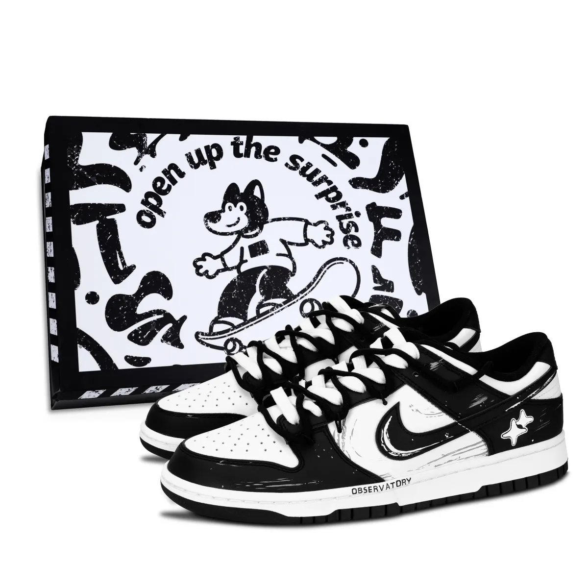 Nike Dunk Black White, Racing Black Shoe Box Abrasion Resistant Low top Skateboard Shoes Unisex Black