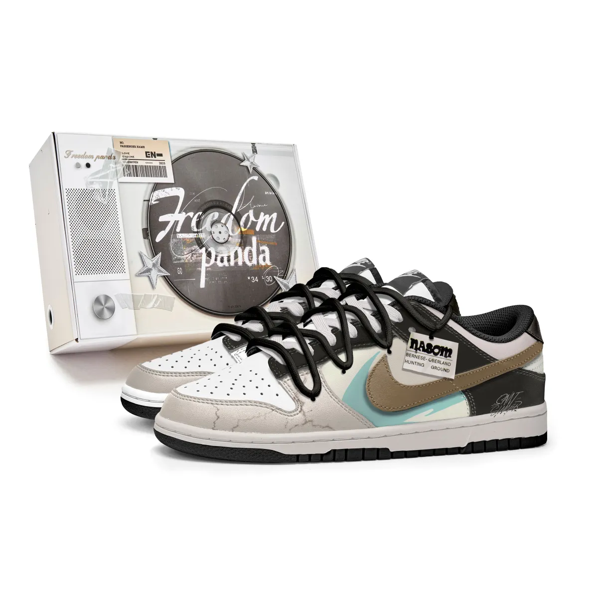 Nike Dunk Freedom Panda, Box, Bronze Ming Gold Slip Resistant Abrasion Resistant Low top Skateboard Shoes Unisex Ecru