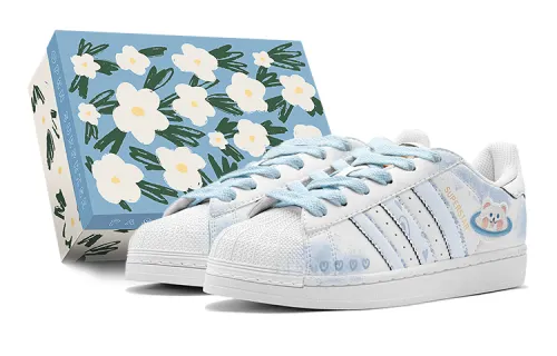 Adidas Originals Superstar Romantic, Heart Bear, Blue And White Ink Wash Blended Low top Skateboard Shoes Unisex Blue