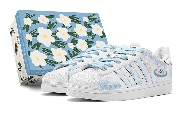 Adidas Originals Superstar Romantic, Heart Bear, Blue And White Ink Wash Blended Low top Skateboard Shoes Unisex Blue