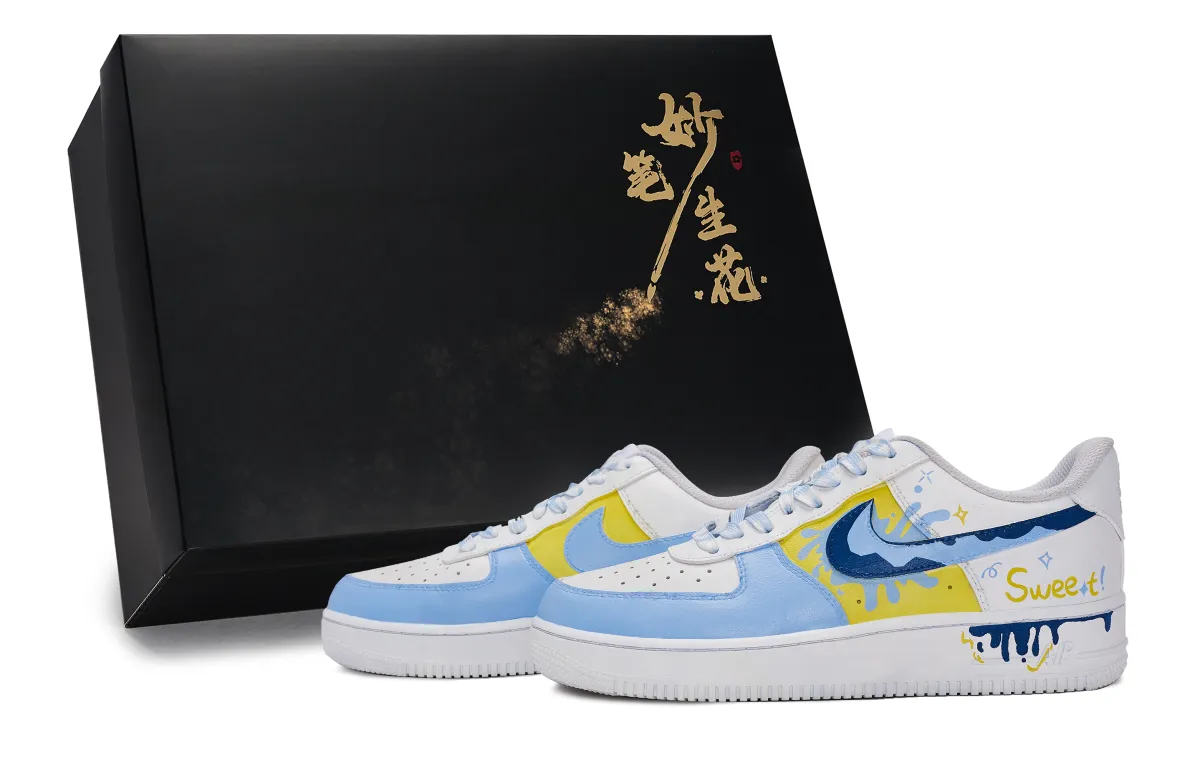 Nike Air Force 1 Marvelous Brush Flower, Maris Sal Ice Shake Low top Skateboard Shoes Unisex White Blue Yellow