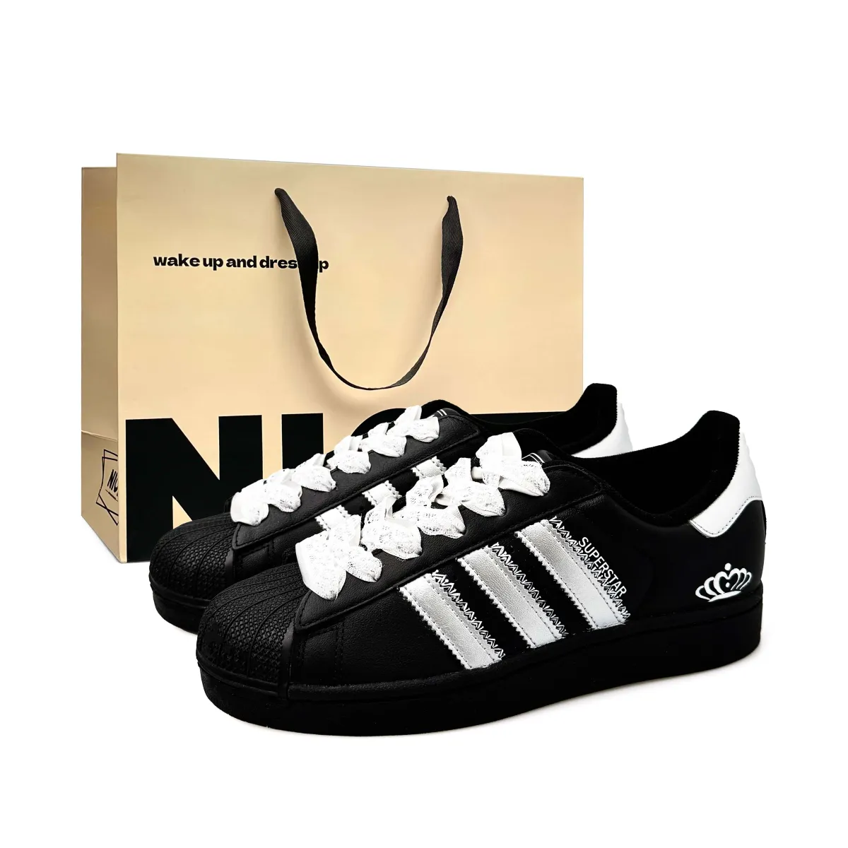 Adidas Originals Superstar 2 Crown Shell, Hand Drawn, Preppy Style Low top Skateboard Shoes Unisex Black White Silver