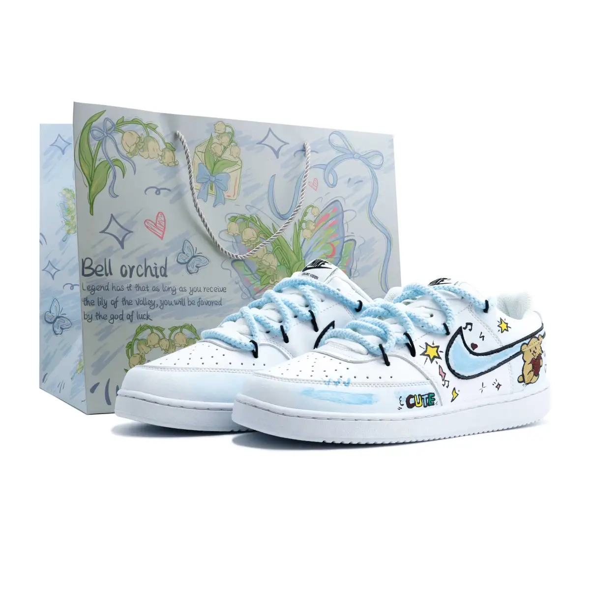 Nike Court Vision 1 Bear Adventure Leather Cushioning, Wear Resistant Low top Skateboard Shoes Unisex Light Blue
