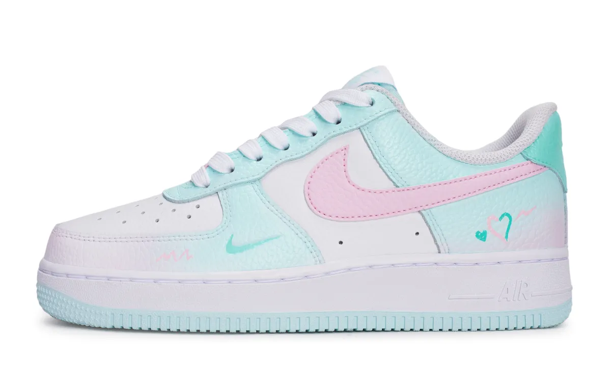 Nike Air Force 1 REGO Hot Dog, Ice Heart Bubbles Low top Skateboard Shoes Women's Pink White Blue