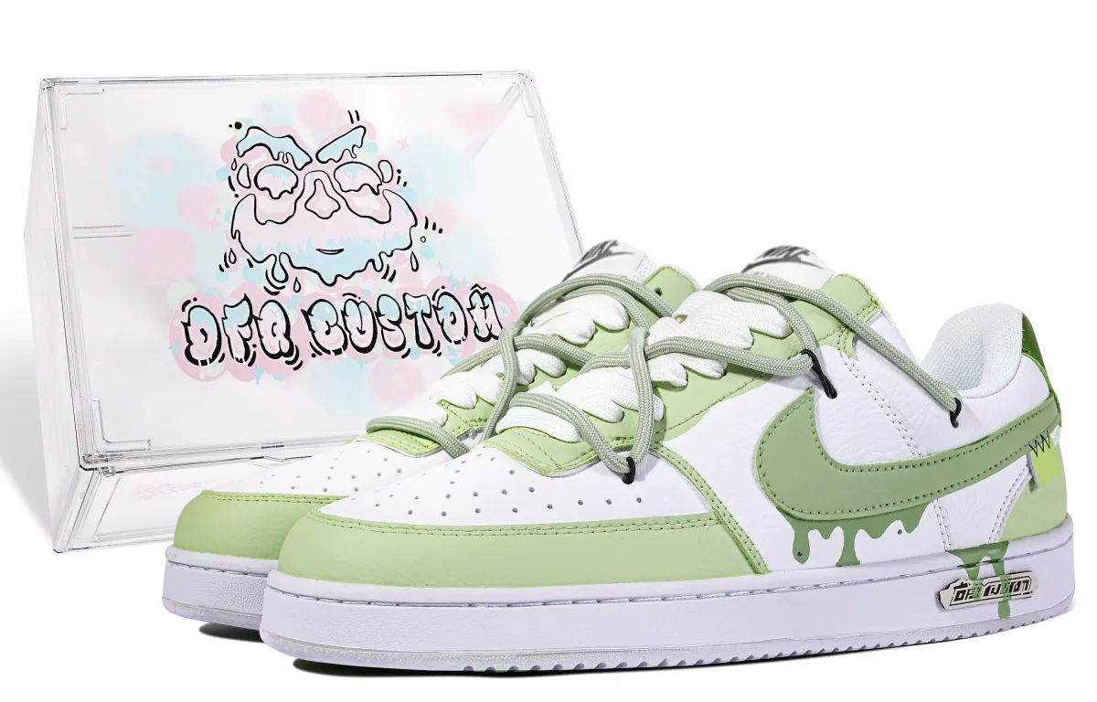 Nike Court Vision 1 Da Vinci Custom, Matcha Escape Leather Low top Skateboard Shoes Unisex Green White