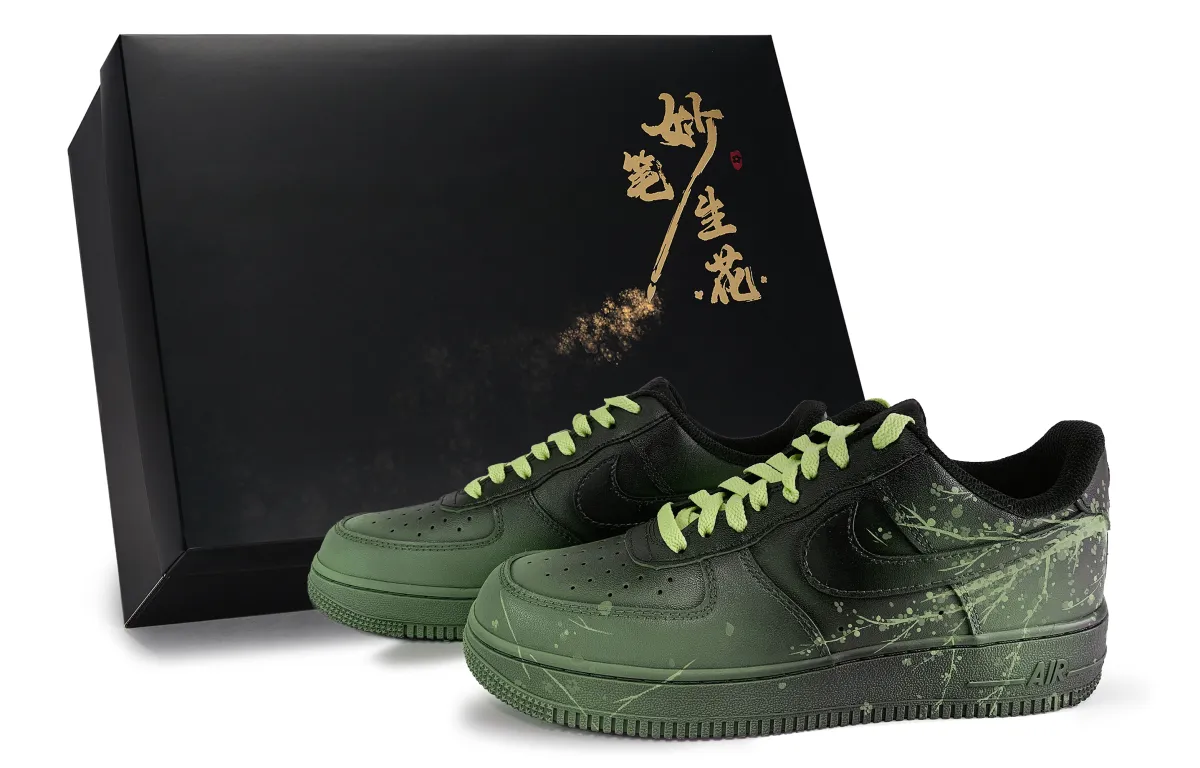 Nike Air Force 1 Wondrous Brush Blossoms, Willow Ink Flying Snow Low top Skateboard Shoes Unisex Black Green