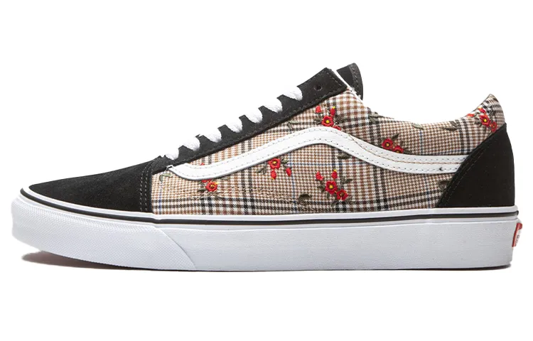 Vans Old Skool GLEN Plaid FLORAL Emb 'Black White Red' Women's