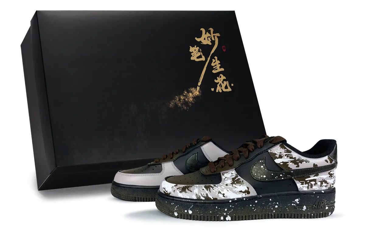 Nike Air Force 1 Flower Of The Brush, Rock Of Storm Abrasion Resistant Low top Skateboard Shoes Unisex Black Brown Pink