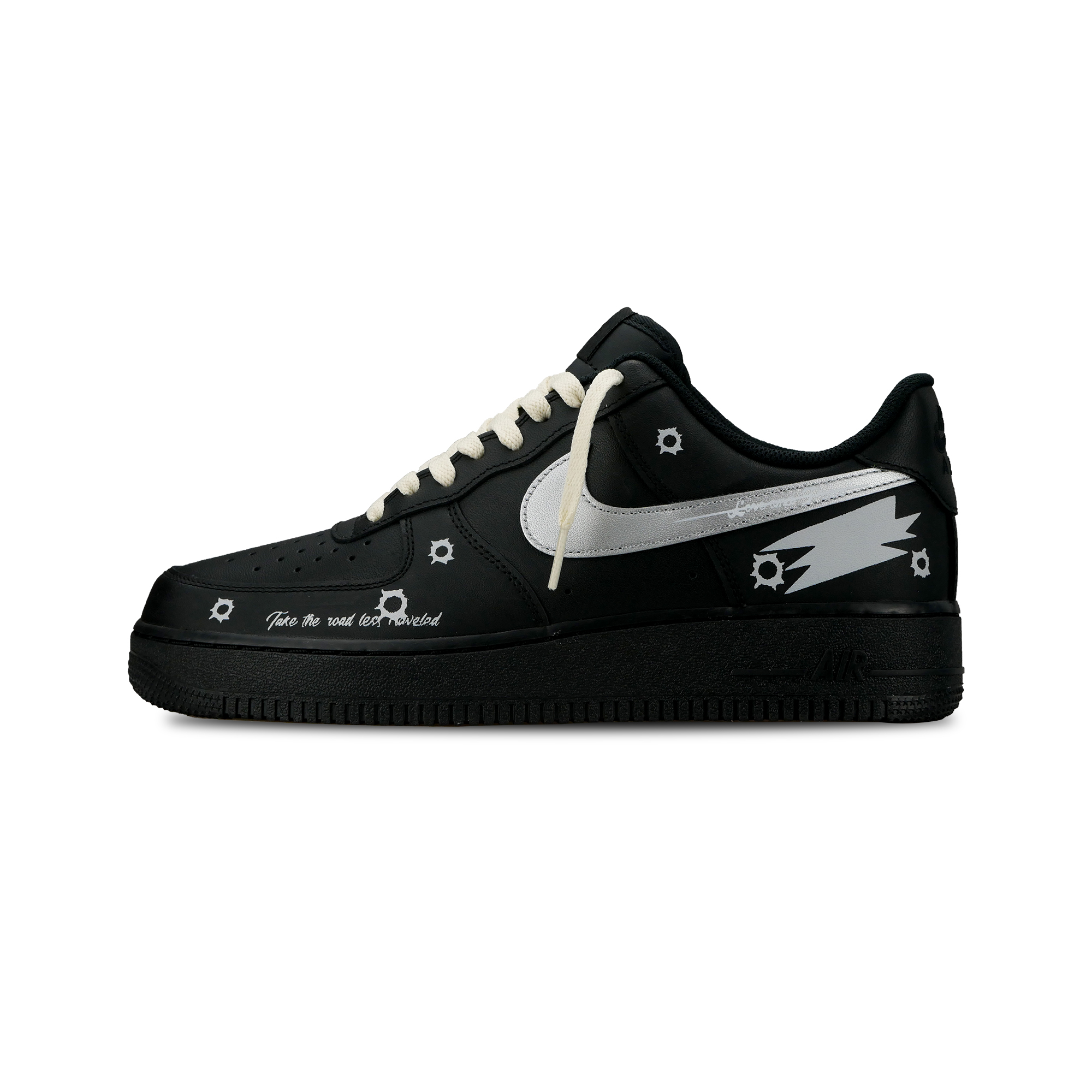 Nike Air Force 1 07 Triple Black, Peace And Love Low top Skateboard Shoes Unisex Black Silver