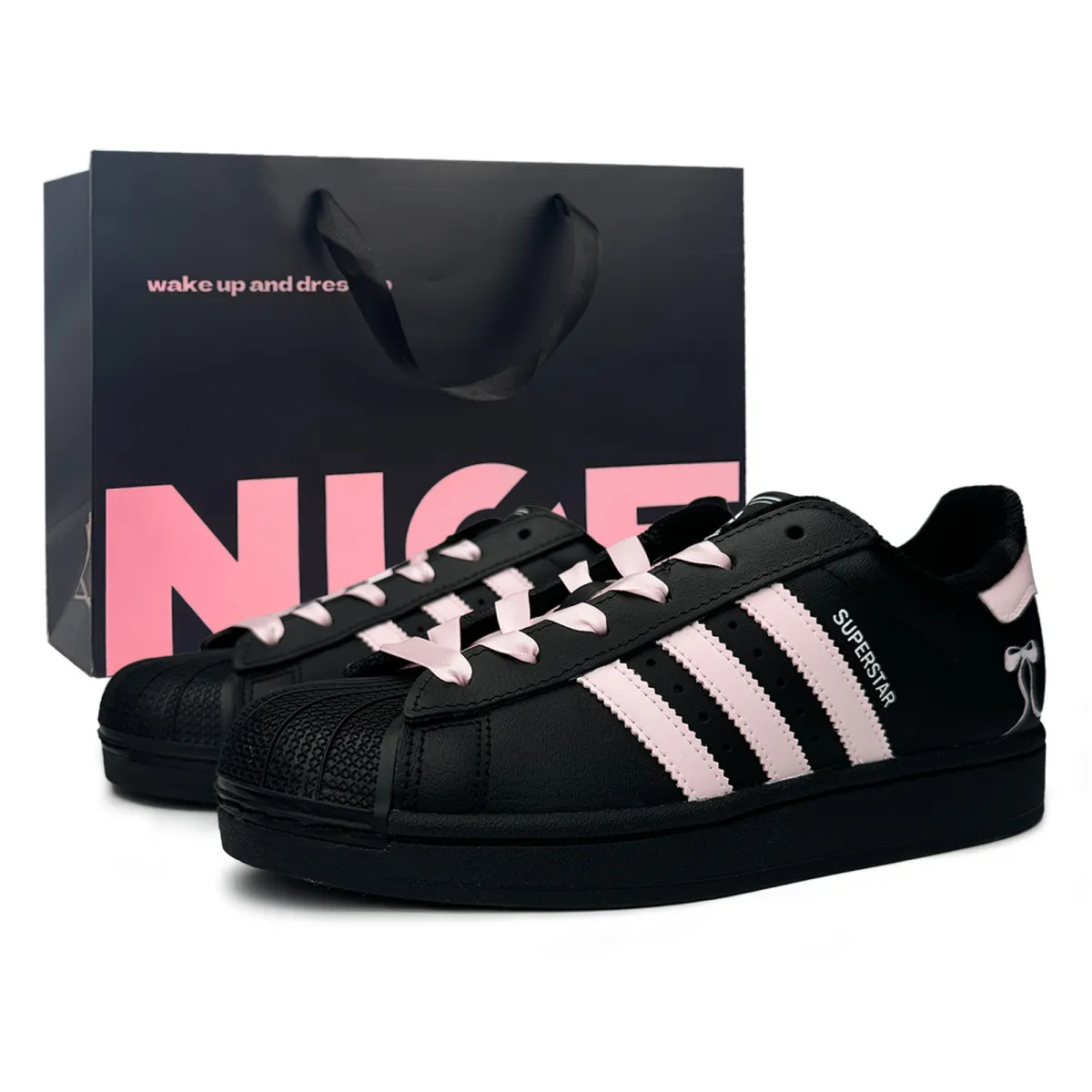 Adidas Originals Superstar 2 Pink Bowknot Abrasion Resistant Low top Skateboard Shoes Unisex Black Pink