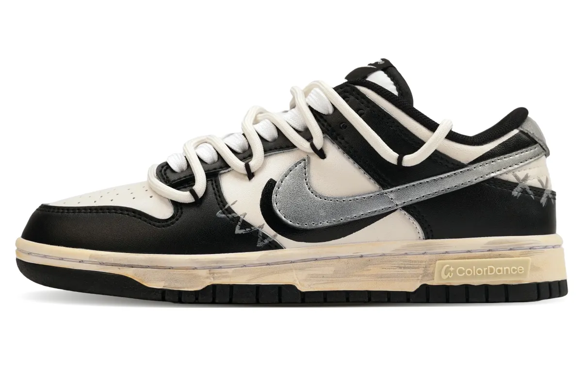 Nike Dunk Leather Abrasion Resistant Low top Skateboard Shoes Unisex Black White Silver