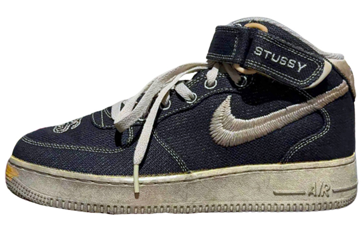 Stussy x Nike Air Force 1 Fashion Slip Resistant Abrasion Resistant Mid top Skateboard Shoes Men's Dark Blue