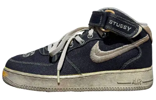 Stussy x Nike Air Force 1 Fashion Slip Resistant Abrasion Resistant Mid top Skateboard Shoes Men's Dark Blue