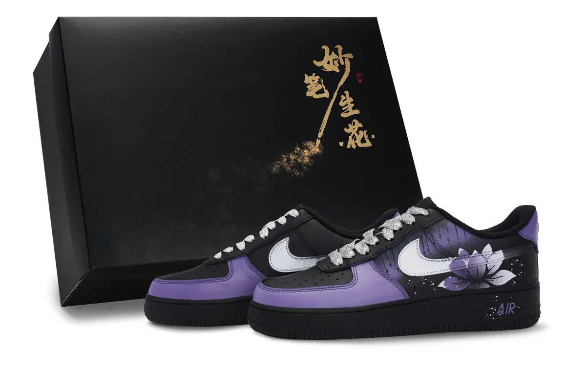 Nike Air Force 1 Exquisite Brushstrokes Bloom, Deep And Mysterious Lotus Low top Skateboard Shoes Unisex Black Purple