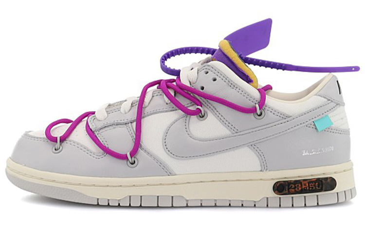 OFF-WHITE x Nike Dunk Low \"The 50\" NO.28 Co-branded model Purple shoelaces and purple buckles Casual, non-slip, shock-absorbing, wear-resistant, low tops, shoes, men and women, gray and white
