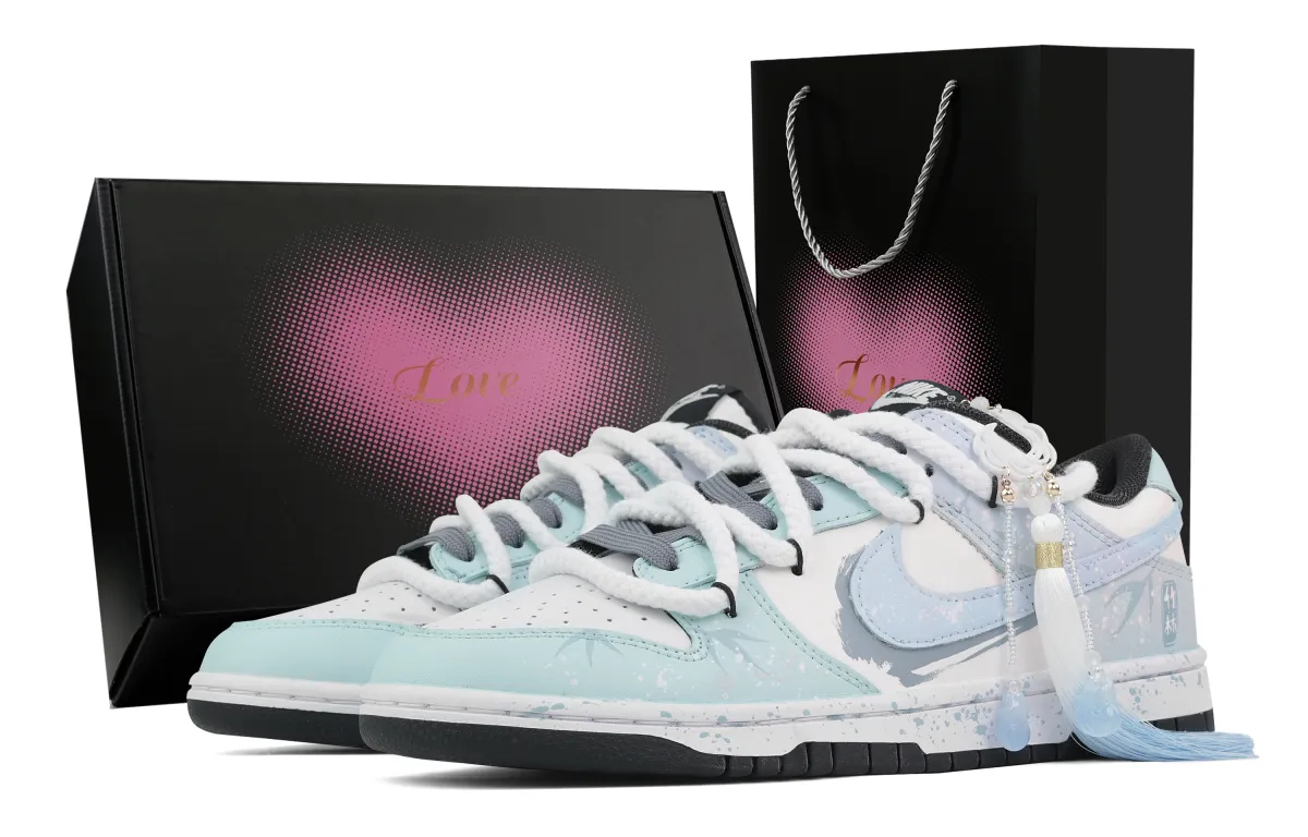 Nike Dunk Bamboo Forest, Heart Box Abrasion Resistant Low top Skateboard Shoes Unisex Blue White