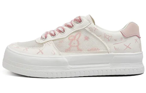 RENBEN Vintage Breathable And Slip Resistant Low top Skateboard Shoes Women's Pink White