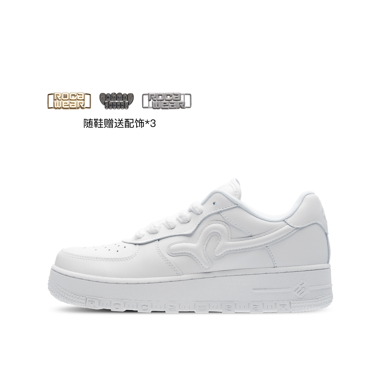 ROCAWEAR White Sneakers, Cow Leather Low top Skateboard Shoes Unisex Classic White