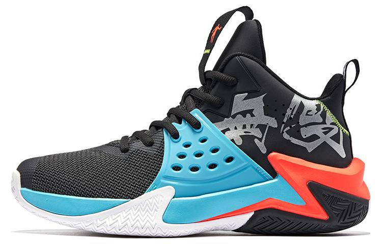 QIAODAN Support Abrasion Resistant Breathable Slip Resistant Mid top Basketball Shoes Men’s Black Blue