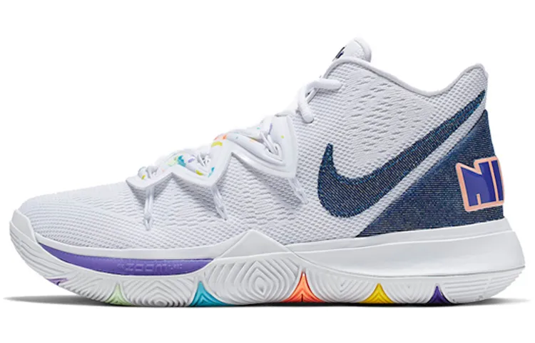Nike Kyrie 5 'Have A Nike Day' Irving 5 Round Tip Mid top Performance Basketball Shoes Men's White Blue
