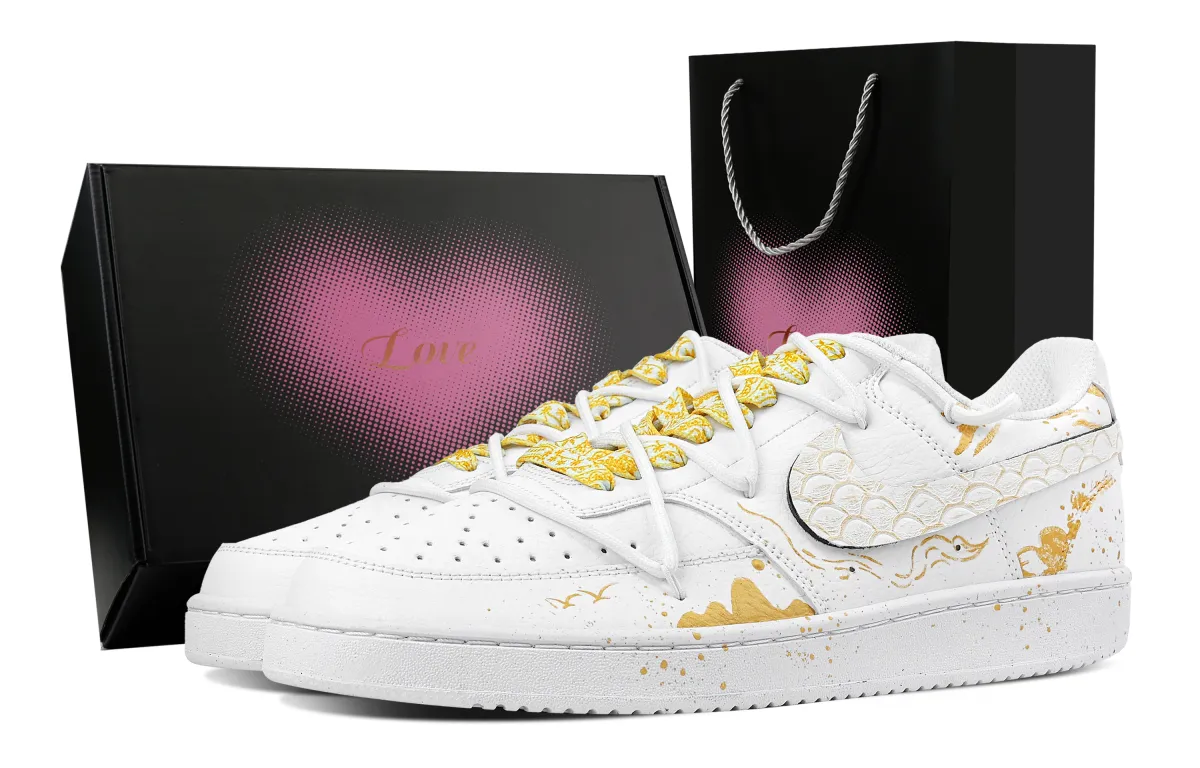 Nike Court Vision 1 Golden Snake Soaring Clouds Heart Box Abrasion Resistant Low top Skateboard Shoes Men's White Gold