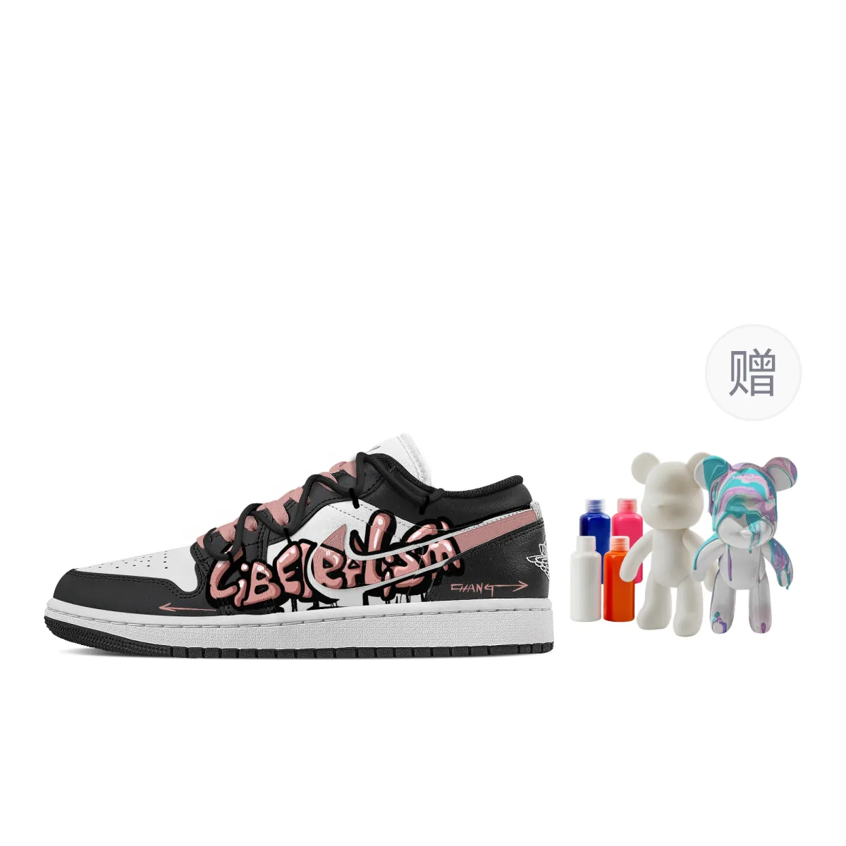 Jordan Air Jordan 1 Street Graffiti, Fluid Bear Abrasion Resistant Low top Vintage Basketball Shoes Women's Black Pink