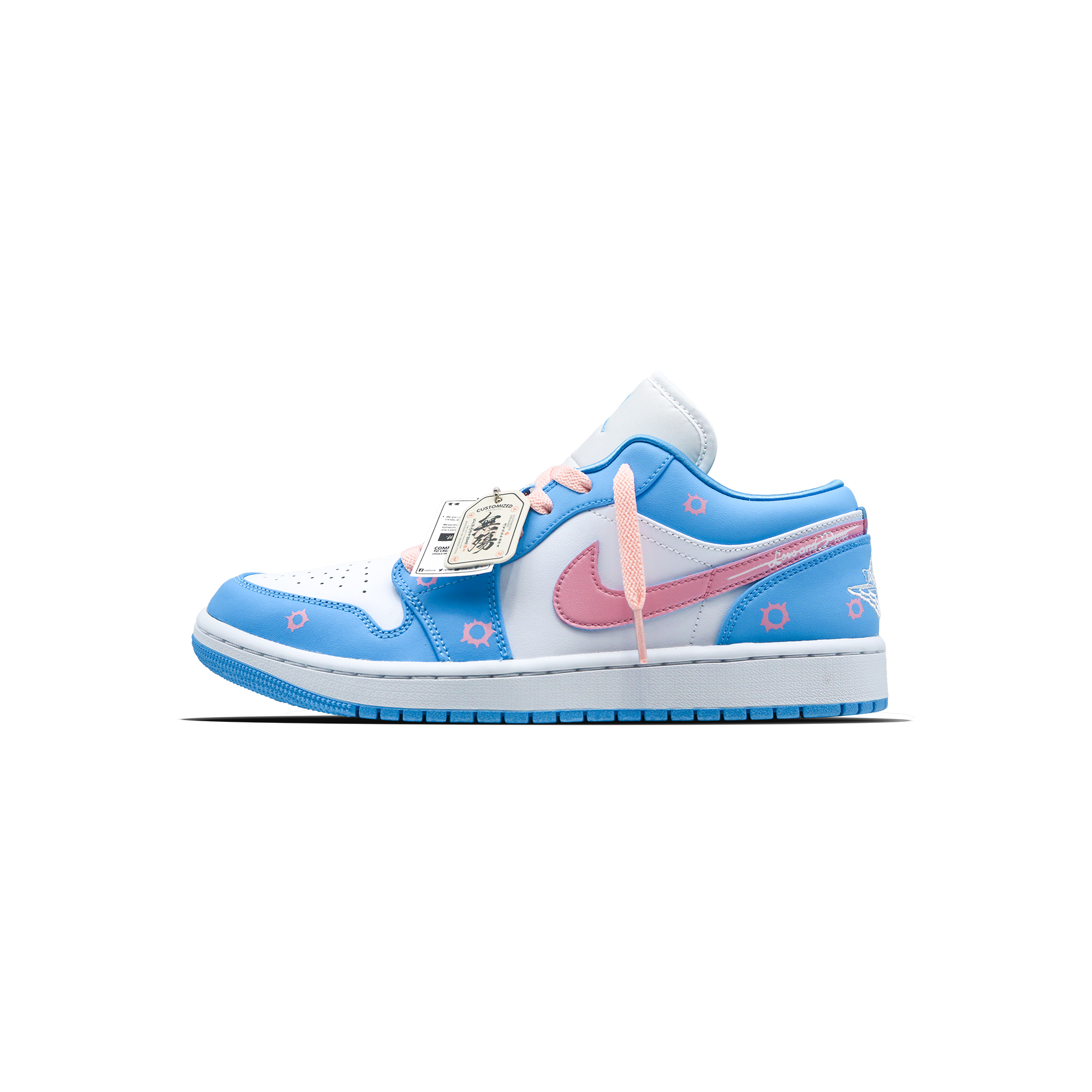 Jordan Air Jordan 1 Tangram Section Planning, Pink Hole Low top Vintage Basketball Shoes Women's Pink White Blue