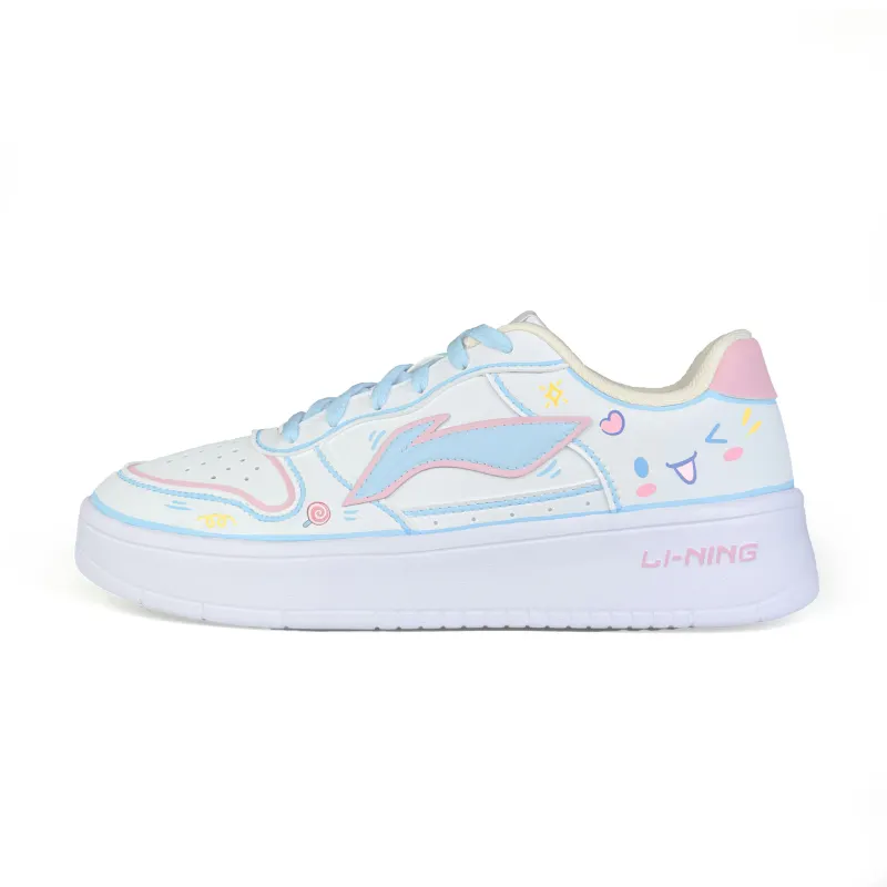Li Ning Floating Boat Mao Cool, Pink Blue Puppy Synthetic Leather Non slip Lightweight Low top Skateboard Shoes Women's