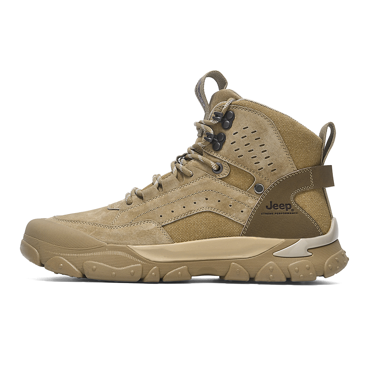 Jeep Textile, Pigskin Abrasion Resistant Breathable Coverage High top Mountaineering Shoes Men’s Khaki
