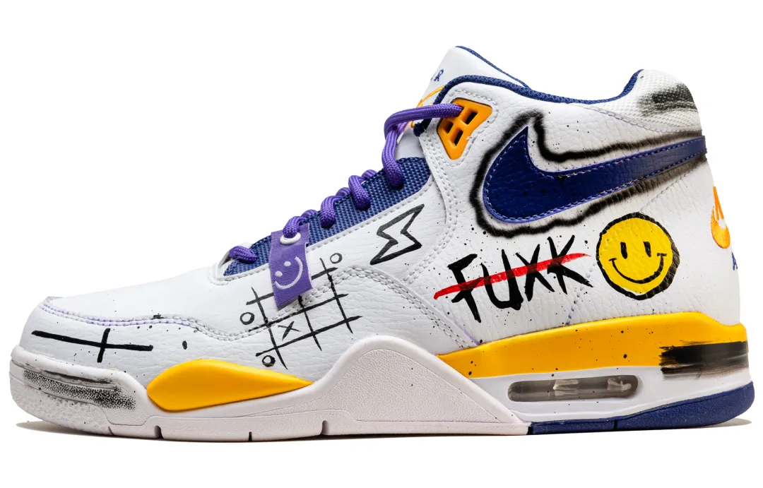 Nike Flight Legacy Mid top Vintage Basketball Shoes Men's White Purple Yellow