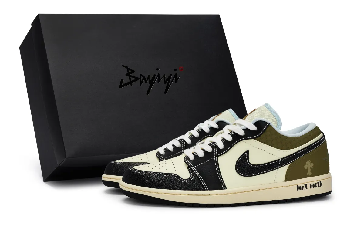 Jordan Air Jordan 1 Slip Resistant Abrasion Resistant Low top Vintage Basketball Shoes Men's Beige Black Green