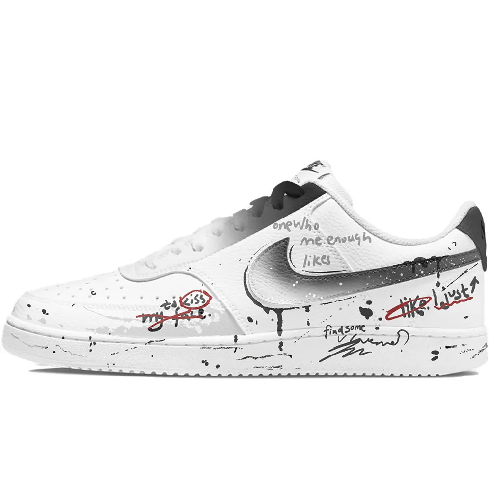 Nike Court Vision 1 Low Next Nature Graffiti Daily Abrasion Resistant Low top Skateboard Shoes Men's Black White Red