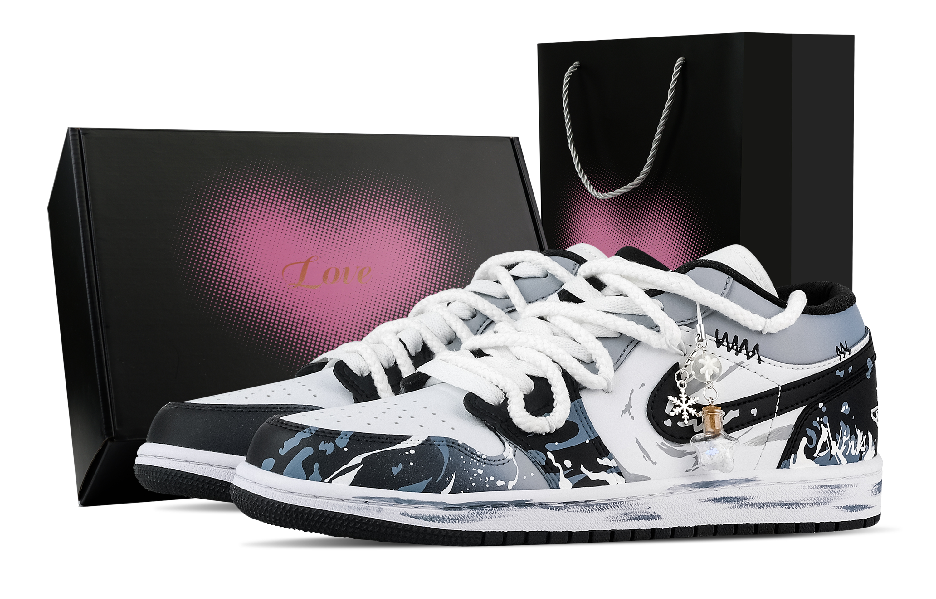 Jordan Air Jordan 1 River Ink Self Ignition, Heart Box Low top Vintage Basketball Shoes Unisex Black White Blue