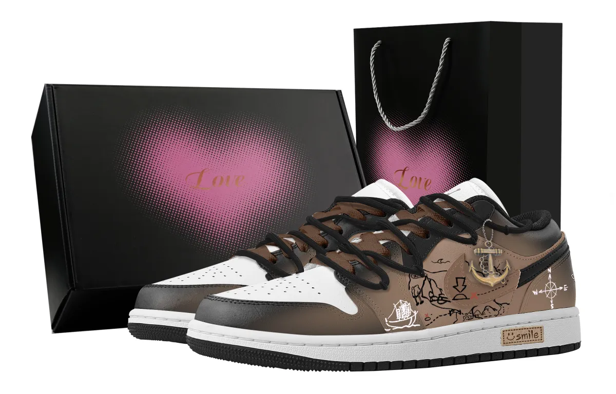 Jordan Air Jordan 1 Treasure Map, Heart Box Abrasion Resistant Low top Vintage Basketball Shoes Women's Black Brown