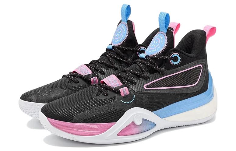 XTEP Textile, Synthetic Leather Cushioning Slip Resistant Abrasion Resistant High top Basketball Shoes Men’s Black Pink