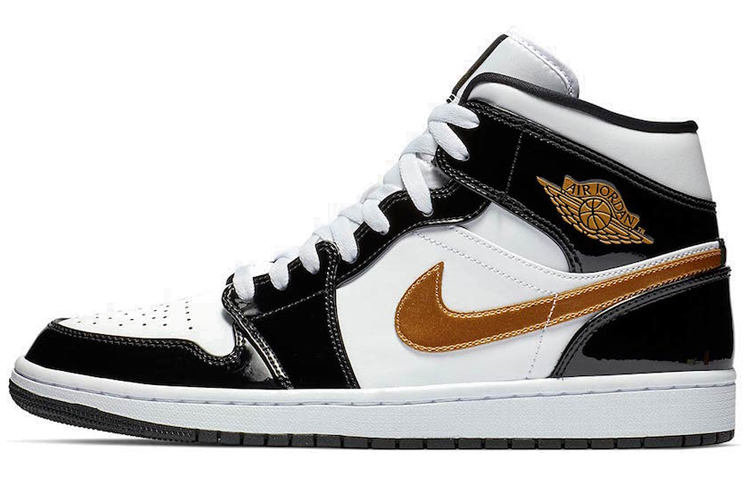 Jordan Air Jordan 1 Mid Patent Leather OG Trendy Mid-top Retro Basketball Shoes Men's Little Black Gold 2019 Edition