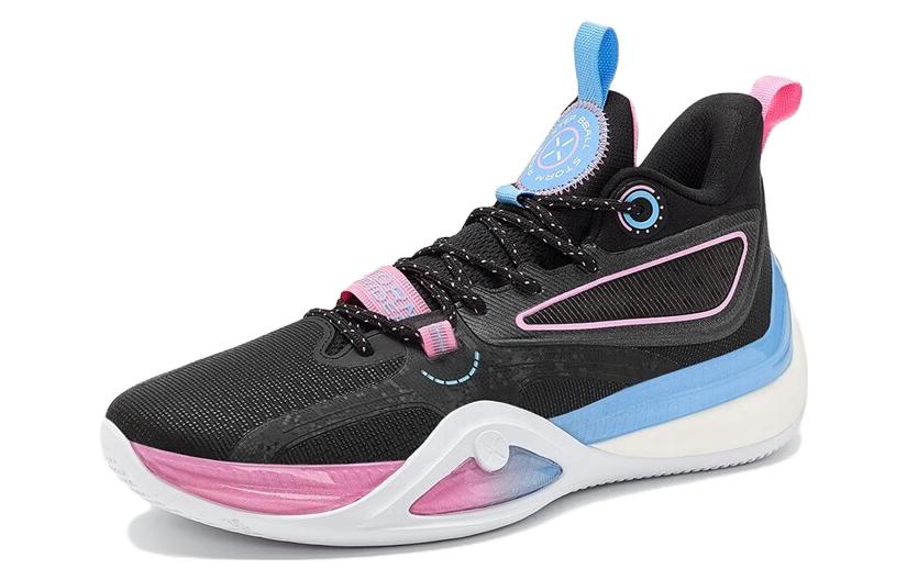 XTEP Textile, Synthetic Leather Cushioning Slip Resistant Abrasion Resistant High top Basketball Shoes Men’s Black Pink