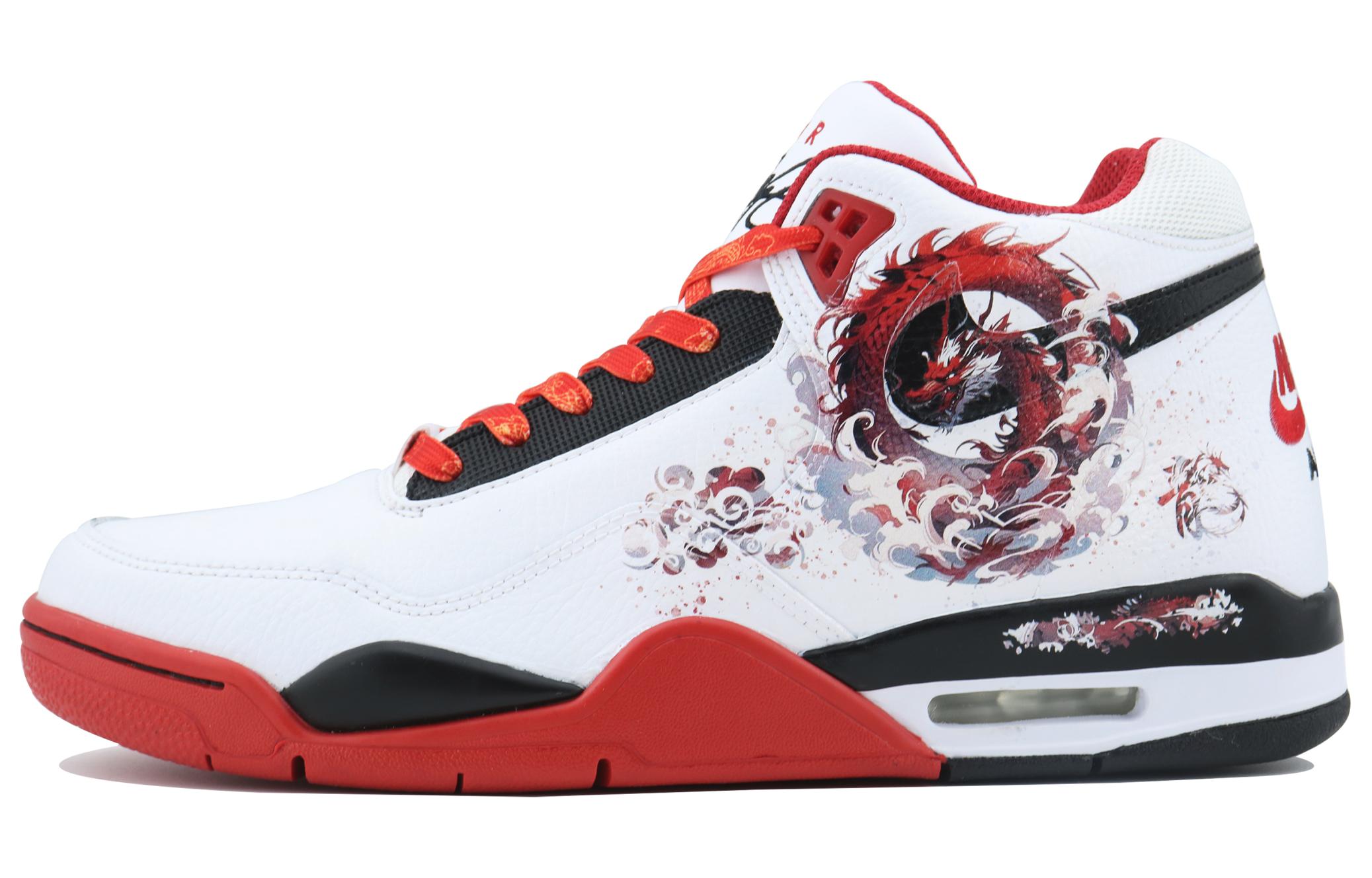 Nike Flight Legacy Dragon Luck On Your Side SDS Mid top Vintage Basketball Shoes Unisex Black White Red